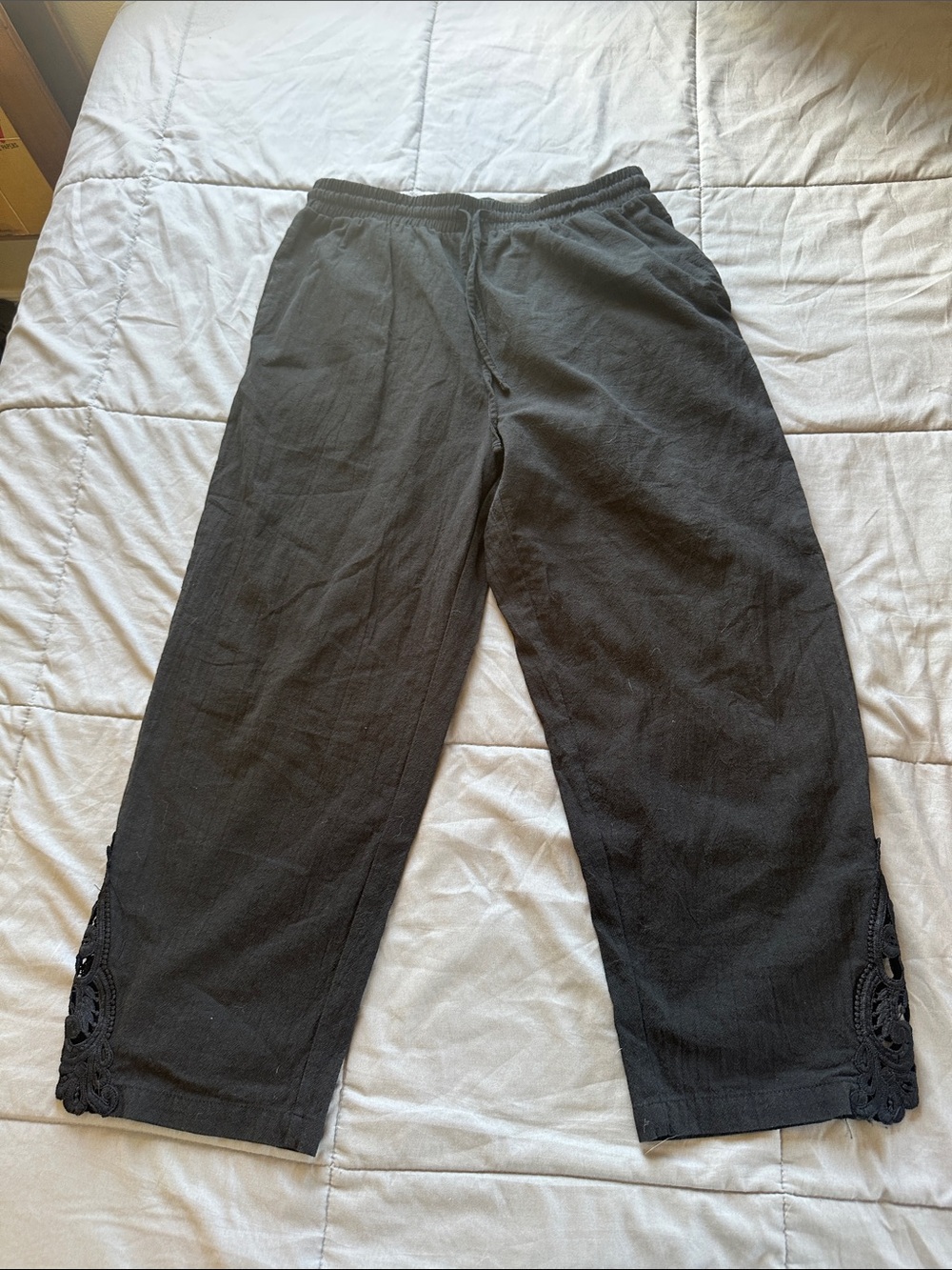 Black Casual Drawstring Pants with Crochet Hem